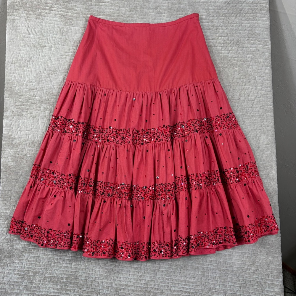 Anage Red Sequin Tiered Maxi Skirt Boho Cotton Ruffle Lined Size 10 - Picture 10 of 10